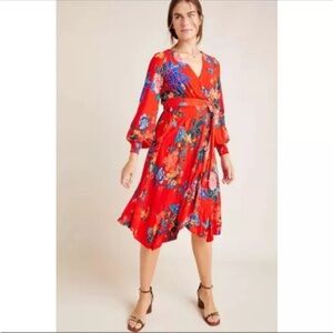 Anthropologie Boswell Floral Red Wrap Dress Size 12